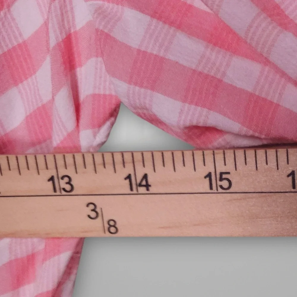 Hello Molly Womens Small Pink Check Plaid Tie Midi Dress Shirred Stretch NEW - Picture 5 of 5